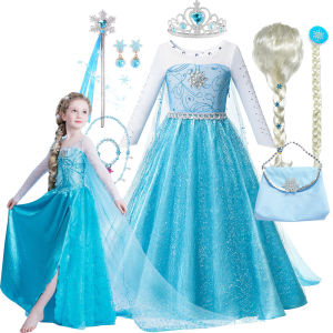 Disney สาวเจ้าหญิง Elsa Anna เครื่องแต่งกาย Frozen Snow Queen ชุดวันเกิดสําหรับเด็กแฟนซี Carnival COSPLAY 2-12Y ชุดเด็ก