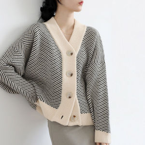 Sweaters Rajutan Wanita Lengan Panjang V-neck Longgar Atas Mantel Cardigan Bergaris