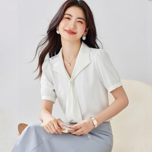 XUSHAN | White Ruffle Chiffon Short Sleeve Shirt for Women Summer