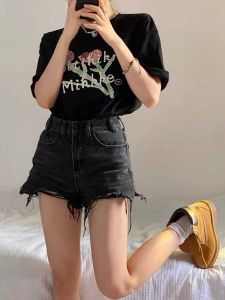 Black High Waist Wide Leg Jeans Shorts Womens Summer Thin A-Line Hemdenim Flared Pants plus Size Slimming Trendy Hot Pants