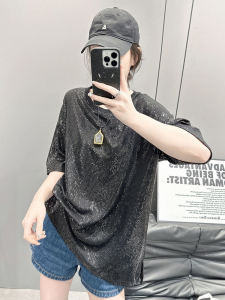 Fashionable Glitter Short Sleeve Mid-Length T-Shirt Womens Summer Clothes Sweet And Spicy plus Size Cover Belly Slimming Youthful Polyester Fiber