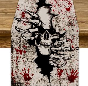 Halloween Skull Blood Hand Linen Table Runner Spooky Atmosphere Table Runner Holiday Party Table Decor