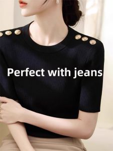 Thin Elegant Figure-Shaping Black Short-Sleeved Knit Top Summer Female