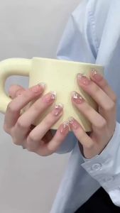 100% HANDMADE Artificial Nail Blush French Butterfly Light Luxury Gold Wire Diamonds Phototpy Nails Fake Nails Reusable and Removable Nails with Toolkit