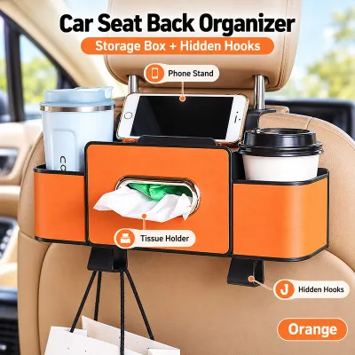 Car Seat Back Organizer Large Capacity Car Headrest Storage Box With Tissue Holder Cup Holder Phone Slot Hidden Hooks Multi Function Car Interior Accessories Auto Storage Organizer Bag For Driver Passenger Seat Travel Road Trip