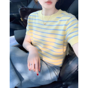 HUOLISI | Dopamine Yellow Striped Round Neck Knit T-Shirt