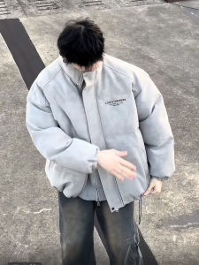 American Style Mens PU Leather Matte Waterproof down Jacket Winter Stylish High-End Feeling Cotton Coat Printed Casual City Wear