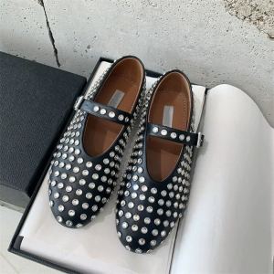 Ladies style New Genuine Leather Round Toe Rhinestone Rivet Mary Jane Shoes