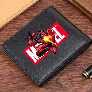 ลายลิ้นจี่ระดับไฮเอนด์กระเป๋าสตางค์ใบสั้นลายนูนสีดำหนังเทียมสีน้ำตาลลายการ์ตูนมาร์เวลเดดพูลและวูลเวอรีนสไปเดดแมน Dompet Koin พิษ