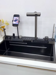 Digital Display 304 Stainless Steel Waterfall Kitchen Sink Large Single Slot Integrated Faucet Set