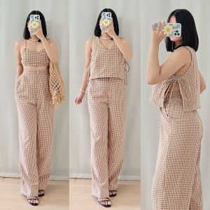 BIG GINGHAM 2 IN 1 TOP (Vest and Bralette) and Pants with 2 sided pockets COORDS/SET