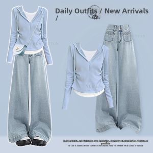 NUMEN BUTTON | Design Sense Korean Style Spring Outfit Women Two-Piece Set Fake Layer Top With Wide Leg Jeans