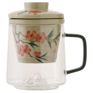 JISU | Flower Design Tea Water Separation Glass Mug With Lid