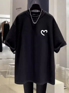 เสื้อยืดคอกลมแขนสั้นผ้าฝ้ายลายหัวใจขนาดใหญ่สำหรับผู้หญิง ทรงหลวมสบาย ๆ สไตล์ฤดูร้อน เสื้อผ้าทำงานแบบลำลอง