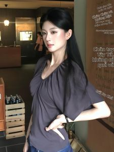 QIANMANZI | Áo Nữ Dáng Suông Cổ V Rút Nơ Tay Ngắn