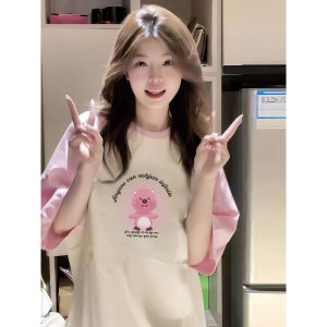 Pink Short Sleeve Cotton T-Shirt Loose Fit Female Teenager Summer Wear Dopaamine Style Creative Printing Korean Version
