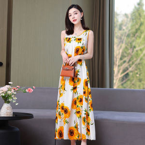 Elegant Cotton Silk Long Dress Summer plus Size Mom Beach Floral Print Gown Draping Fluffy Women A-Line Korean Style Dress