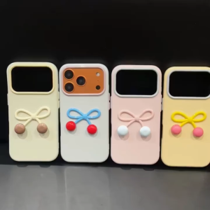 Macaron Two Tone Large Window 3D Cherry Bow Glossy TPU Phone Case With Matching Wrist Strap For iPhone 17 16 15 14 13 Pro Max