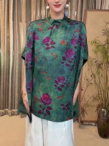 QINGNAER | Áo Blouse Phong Cách Trung Quốc Dành Cho Người Mũi Kéo Màu Xanh In Hoa Hồng Cổ Đứng