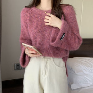 เสื้อสเวตเตอร์ถักแขนกระดิ่งหลวมๆ อบอุ่นสำหรับผู้หญิง ฤดูใบไม้ร่วง 2025 คอตั้ง สไตล์เกาหลี แขนยาว ปกติ