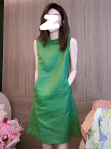 YUFUQING | Váy vest vải lanh không tay sang trọng cho nữ mùa hè Váy midi cổ tròn dài vừa phải chất liệu polyester 100%