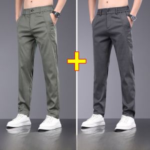 ROMON | Romon Mens Slim Fit Casual Pants Summer Thin Ice Silk Straight Leg Long Trousers Fashionable Urban Style Youth Workwear