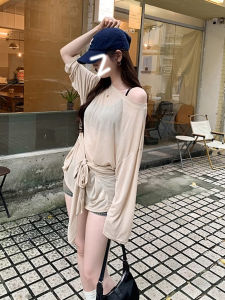 เสื้อยืดแขนยาวผ้าไหมน้ำแข็งทรงไหล่เอวบางสำหรับผู้หญิงในช่วงฤดูร้อน ทรงหลวม สไตล์เกาหลี ปกติ