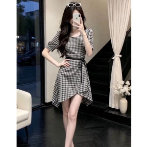 LIRENQING | Design Aesthetic Vintage Check Dress Summer New Small Waist Slimming A-line