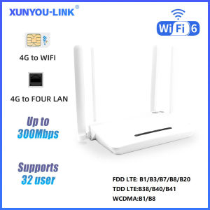 XUNYOU-LINK | XUNYOU-LINK 4G LTE WiFi Router WiFi 6 Modem 4 Antennas 300Mpbs High Speed SIM Routers Support 32 Device Wireless Modem Hotspots