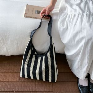 Striped Hollow out Woven Tote Bag Womens Fashion Commuter Single Shoulder Beach Bag Mother Daughter Bucket Bag Casual Handbag
