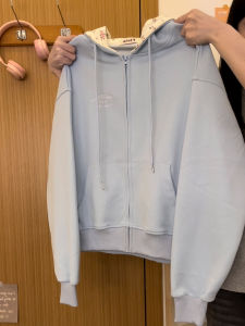 เสื้อแจ็คเก็ตมีฮู้ดปักลายครีมสำหรับผู้หญิง เสื้อคลุมคาร์ดิแกนแบบมีซิป ทรงหลวม แขนยาว ปกติ ฤดูใบไม้ร่วง 2025