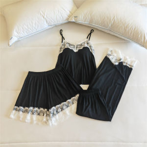 ชุดนอนผ้าฝ้ายกิริยาเซ็กซี่สําหรับผู้หญิงที่มีแผ่นรองหน้าอกกางเกงคาปรีทุกฤดูกาลเสื้อสวมหัวคอวีด้านบนบางส่วน