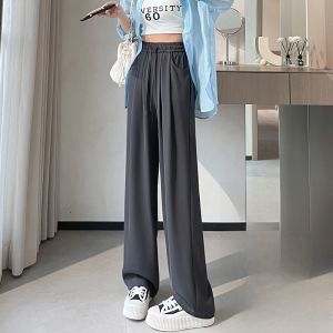 JIANGLU | Slim Fit Ice Silk Elastic Waist Wide Leg Pants Womens Business Trousers Straight Cut High Waist Polyester Fiber Plus Size