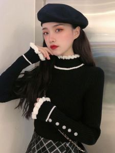 เสื้อเชิ้ตแขนยาวสีดำถัก เสื้อชั้นในผู้หญิง ฤดูใบไม้ผลิและฤดูใบไม้ร่วง เสื้อสเวตเตอร์สำหรับใส่ด้านในได้หลากหลายสไตล์ แฟชั่นฤดูหนาว