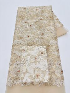 Cheap Dresses Nigerian Beaded Lace Fabric Fashion French African Sequins Mesh Lace Fabric For Bridal Party Dress Sewing D M662-1