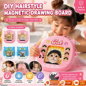 HLINKEY 2pcs Mag-netic Drawing Board 2-in-1 Cat Dog Hair Salon DIY Steel Bead Doodle Toy Portable Lanyard Kids Gift
