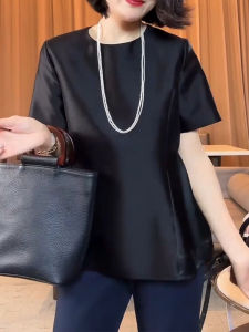 UYFY | Áo thun nữ tay ngắn cổ tròn màu đen thời trang đơn giản thanh lịch cao cấp mùa thu 2025 phong cách thường ngày bằng vải satin