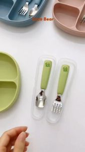 Thìa Dĩa inox Coco Bear Cho bé ăn DặmBộ Thìa dĩa tập xúc đầu inox cán silicone nhà Coco Bear