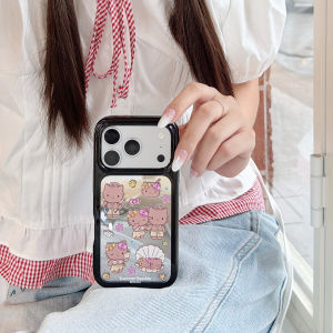 Sanrio | Cute Black Skin Mirror Phone Case For Cartoon Hello Kitty For iPhone 17 16 15 14 13 17 Pro Max Anti-Fall Shockproof Back Cover