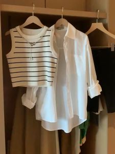 3PCS/Single Large Size Womens Summer Suit 2023 New Flesh Covering Slimming Sling Loose Shirt High Waist Casual Pants Baju Wanita Fesyen Baru