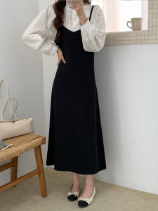 Black Long A-Line Dress V-Neck Suit Jacket Outerwear Womens Fashion Slimming French Style Skirt Casual Polyester Dress