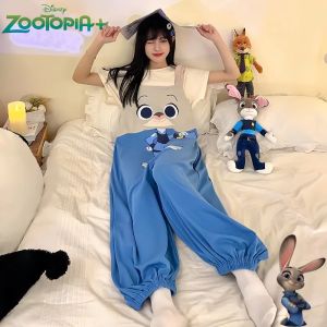 Zootopia Cotton Summer Pajamas Womens Short Sleeve Bib Pants Cartoon Student Disney Loungewear Can Be Worn Outside Kawaii