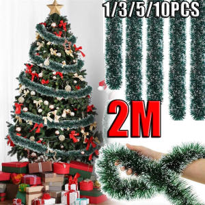 10pcs 2M Christmas Tinsel Ribbons Garland Green Wreath / Xmas Tree Hanging Pendent Ornaments / Green Cane Tinsel Wreath for New Year Party Home Decor