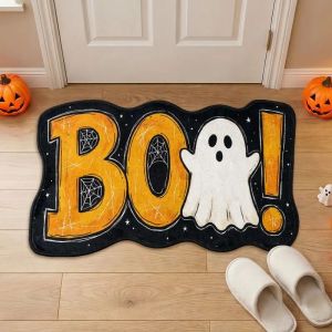 VIKAMA Cute Ghost Boo Halloween Shaped Rug Spiderweb Star Non‑Slip Carpet for Fireplace Entryway Fall Home Decoration