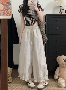 Yellow Quick-Dry Sport Pants Women Summer Thin Small Size Casual Flower Bud Lantern Pants Wooden Edge Ear Nine Points Wide Leg Pants