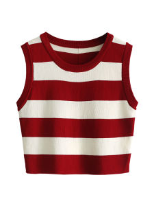 เสื้อกั๊กถักลายทางเอวสูงสำหรับผู้หญิง เสื้อเชิ้ตแขนกุดแบบลำลอง เสื้อชั้นในฤดูร้อน 2025 ใหม่ เสื้อชั้นในสไตล์หวาน