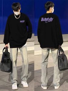 เสื้อยืดแขนยาวผู้ชาย ผ้าฝ้ายแท้ ทรงหลวม ดีไซน์เรโทร สไตล์ฮิปฮอป แฟชั่นฤดูใบไม้ร่วง ปักตัวอักษร เสื้อชั้นในลำลอง