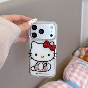 Sanrio | Cute 3D Rhinestone KT Phone Case for iPhone 17 Pro 16 15 Pro Max Clear Glitter Shockproof Soft TPU Cover With Red Bow Anti Drop