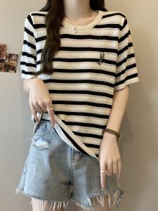 Embroidered Ice Silk Short Sleeve T-Shirt Women Summer New Large Size Loose Slimming round Neck Top Striped Contrast Color Big MM