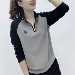 เสื้อสเวตเตอร์คอปกตั้งแขนยาวแบบสวมหัวสำหรับผู้หญิงในฤดูใบไม้ร่วงปี 2024 เสื้อคลุมแบบมีฮู้ดแบบลำลองสวมใส่สบาย